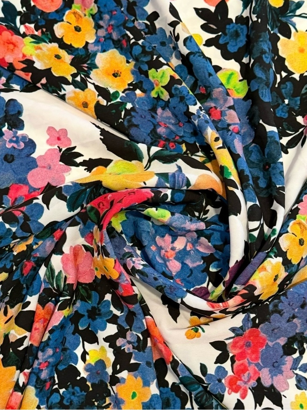 Blue,yellow and Pink Floral Poly Print Light Satin Fabric